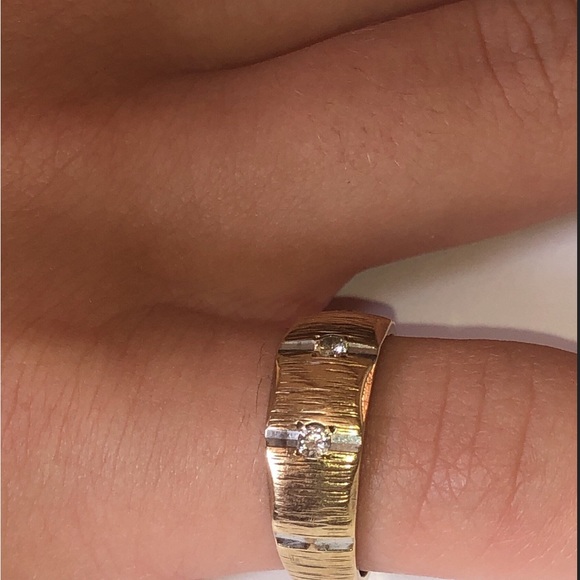 Solid Stamped 14K Yellow Gold Natural Diamond Vintage Textured Modern Band Ring - Picture 15 of 17